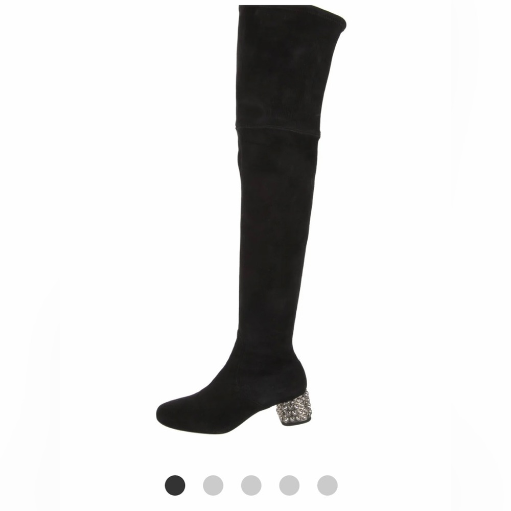 Miu Miu Thigh high black suede boots Swarovski crystals in heels.